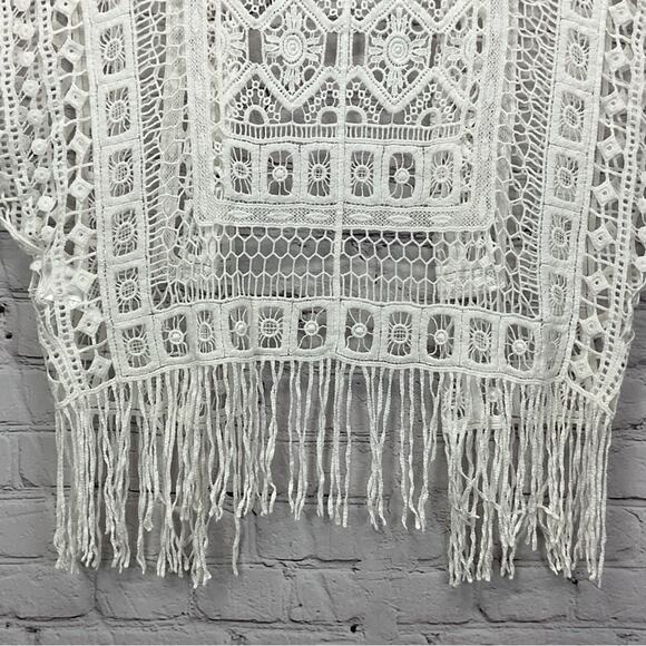 Tribal Jeans Crochet Cardigan Women's S/M White Open Front Boho Fringe Beachy - Picture 10 of 10